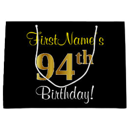 Sacola Para Presentes Grande Elegante, Preto, Faux Dourado 94º Aniversário + No