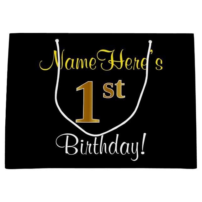 Sacola Para Presentes Grande Elegante, Preto, Faux Dourado primeiro aniversario (Frente)