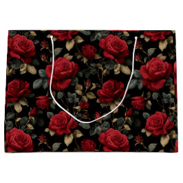 Sacola Para Presentes Grande Elegante Rosa Vermelha Escura Padrão Floral Preto