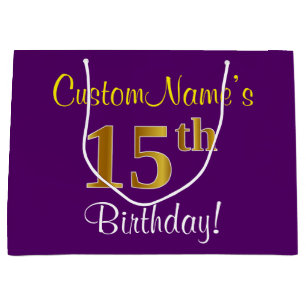 Sacola Para Presentes Grande Elegante, Roxo, Faux Dourado 15 Aniversário + Nome