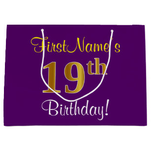 Sacola Para Presentes Grande Elegante, Roxo, Faux Dourado 19º Aniversário + Nom