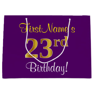 Sacola Para Presentes Grande Elegante, Roxo, Faux Dourado 23º Aniversário + Nom