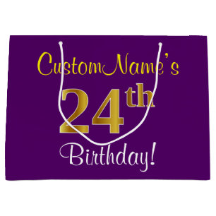 Sacola Para Presentes Grande Elegante, Roxo, Faux Dourado 24º Aniversário + N
