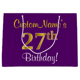 Sacola Para Presentes Grande Elegante, Roxo, Faux Dourado 27º Aniversário + Nom