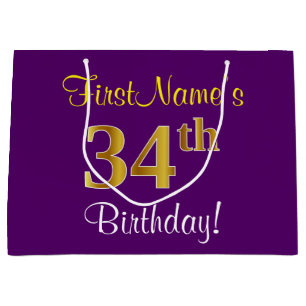 Sacola Para Presentes Grande Elegante, Roxo, Faux Dourado 34º Aniversário + Nom