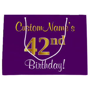 Sacola Para Presentes Grande Elegante, Roxo, Faux Dourado 42º Aniversário + Nom