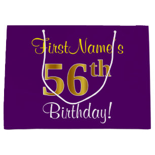 Sacola Para Presentes Grande Elegante, Roxo, Faux Dourado 56º Aniversário + Nom