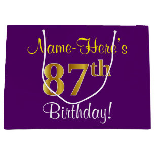 Sacola Para Presentes Grande Elegante, Roxo, Faux Dourado 87º Aniversário + N