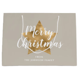 Sacola Para Presentes Grande Elegante Taupe Dourada Star Feliz Natal