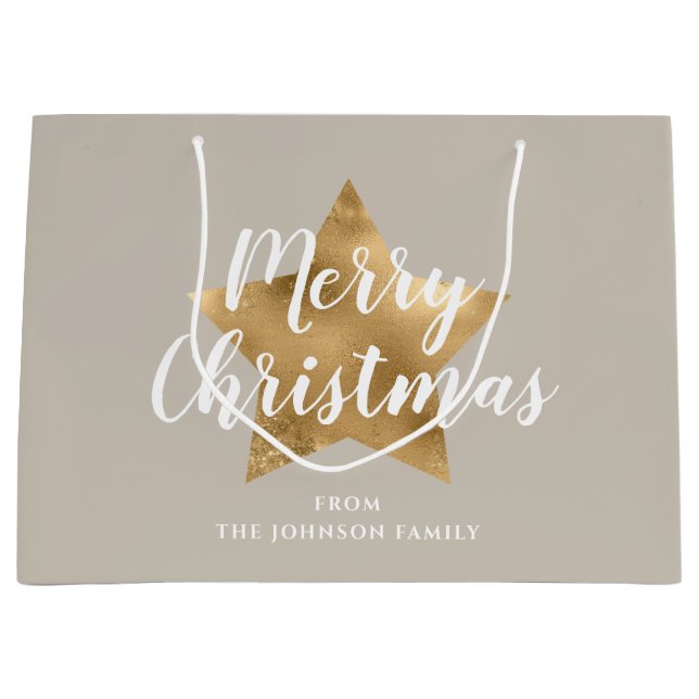 Sacola Para Presentes Grande Elegante Taupe Dourada Star Feliz Natal (Frente)