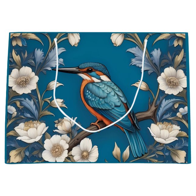 Sacola Para Presentes Grande Elegante Turquoise Kingfisher Floral (Frente)