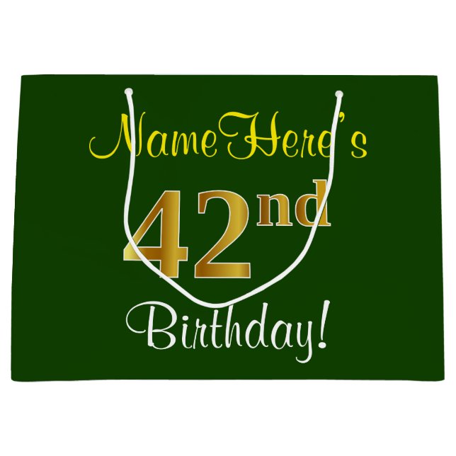 Sacola Para Presentes Grande Elegante, Verde, Faux Dourado 42º Aniversário + No (Frente)