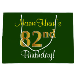 Sacola Para Presentes Grande Elegante, Verde, Faux Dourado 82º Aniversário + No