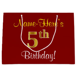 Sacola Para Presentes Grande Elegante, Vermelho, Faux Dourado 5 Birthday + Nome