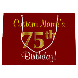Sacola Para Presentes Grande Elegante, Vermelho, Faux Dourado 75.º Aniversário;