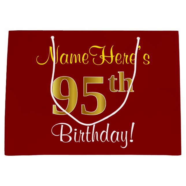 Sacola Para Presentes Grande Elegante, Vermelho, Faux Dourado 95º Aniversário;  (Frente)