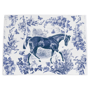 Sacola Para Presentes Grande Elegante Vintage Azul Rústico Cavalo Floral
