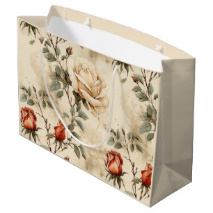 Sacola Para Presentes Grande Elegante Vintage Rosa Fllower Beige Floral Design