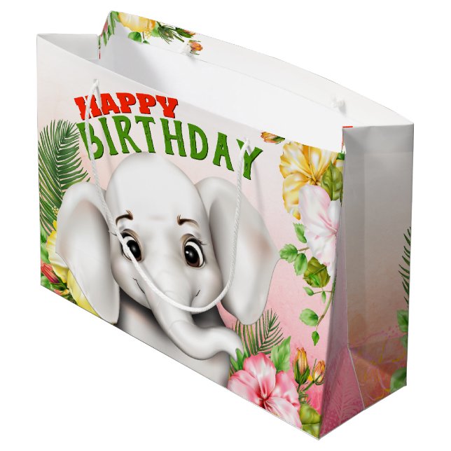 Sacola Para Presentes Grande Elephant Jungle Safari Girl Birthday (Verso inclinado)