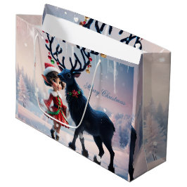 Sacola Para Presentes Grande Elfo de Natal bonito e renas escuras.