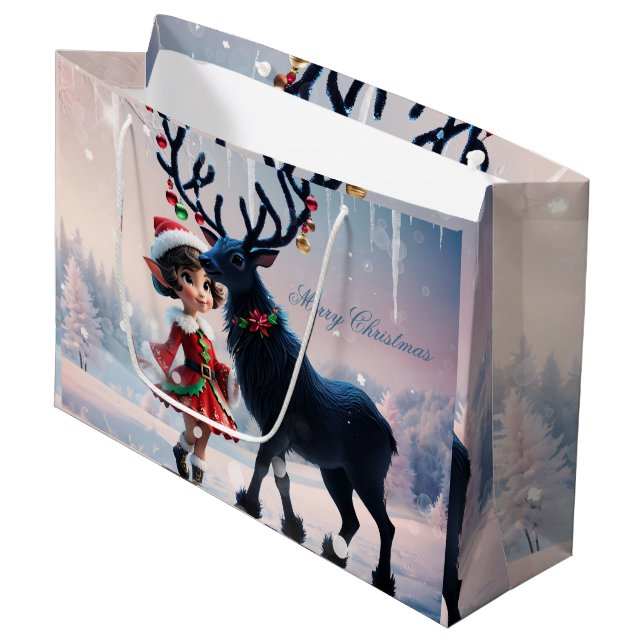 Sacola Para Presentes Grande Elfo de Natal bonito e renas escuras. (Frente inclinada)