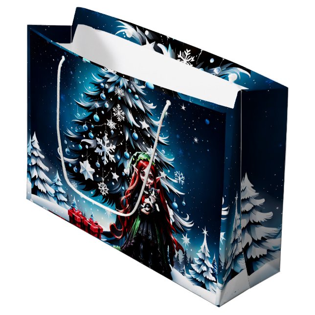 Sacola Para Presentes Grande Elfo de Natal com Kitten. (Frente inclinada)