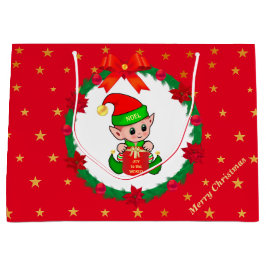 Sacola Para Presentes Grande Elfo de Natal, coroa pinheira, poinsettias e estre