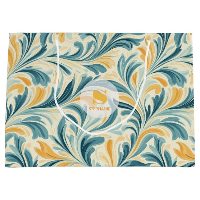 Sacola Para Presentes Grande Emerald Green e Dourada Paisley Leaf Pattern (Frente)