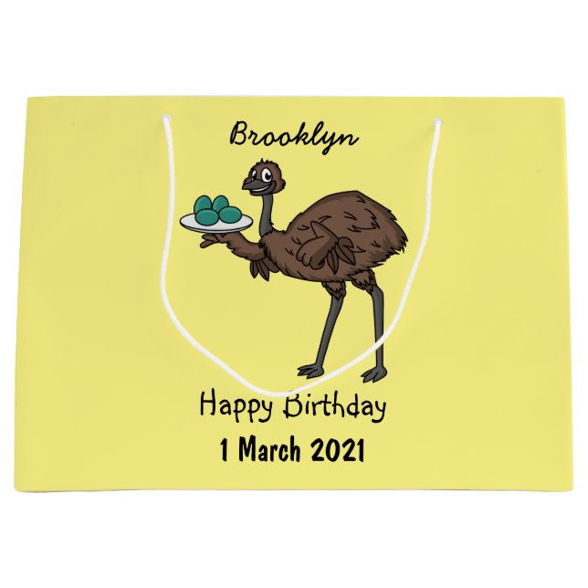 Sacola Para Presentes Grande Emu com ilustração de desenho animado de ovos (Frente)