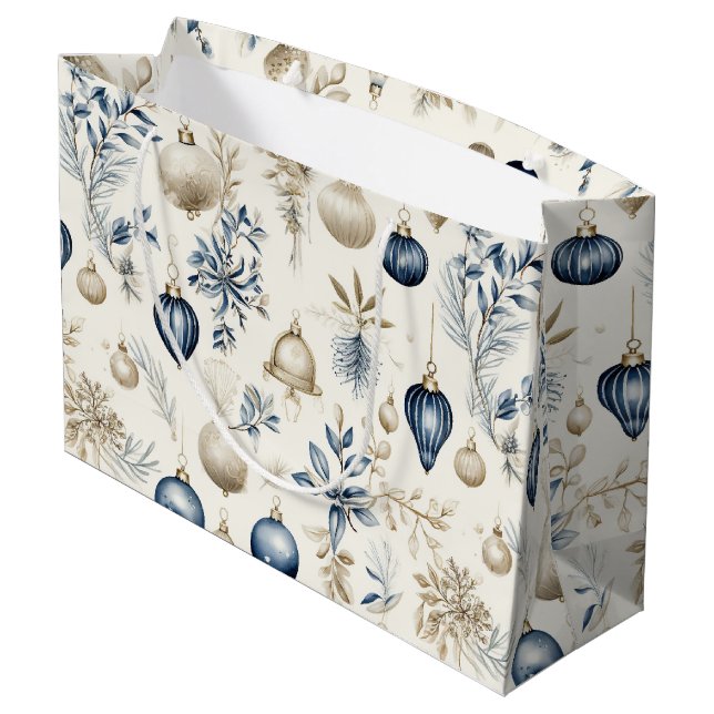 Sacola Para Presentes Grande Enfeites de natal azuis e beges (Verso inclinado)