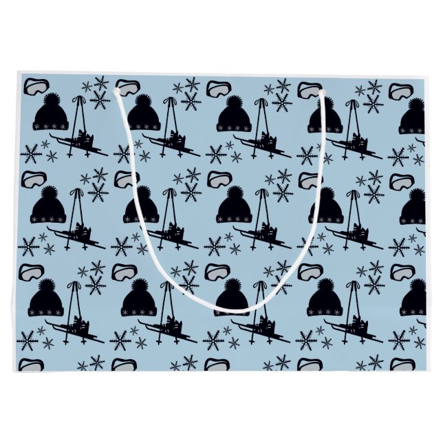 Sacola Para Presentes Grande Equipamento de esqui preto e flocos de neve em azu (Verso)