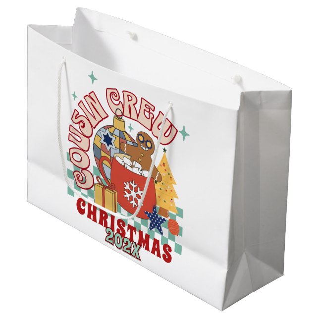Sacola Para Presentes Grande Equipe de Natal de primos retrô combinando para cr (Frente inclinada)