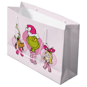 Sacola Para Presentes Grande Equipe do Grinch em Retrato Rosa de Dia dos Namora