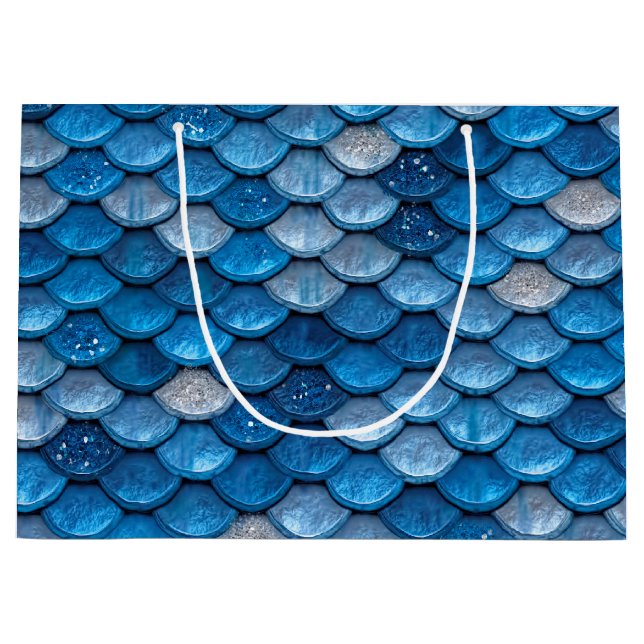 Sacola Para Presentes Grande Escamas De Peixes De Sereia Cintilantes Azuis Irid (Frente)