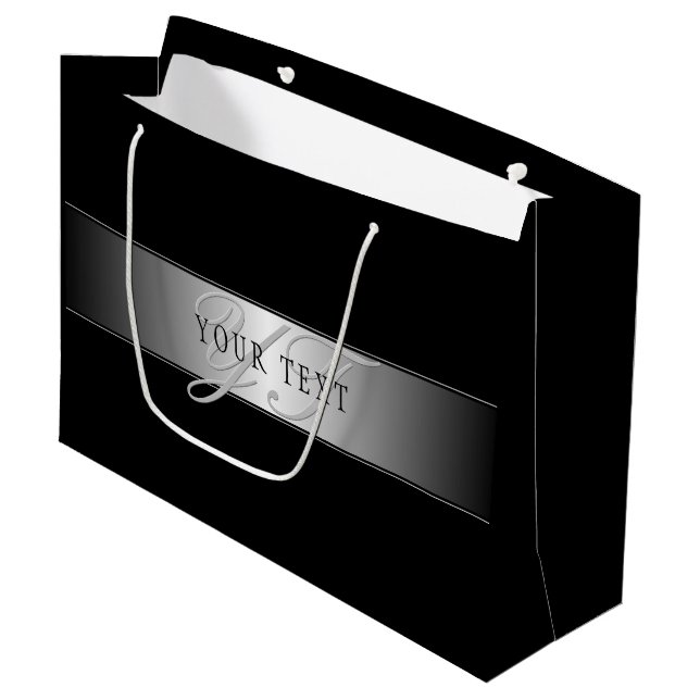 Sacola Para Presentes Grande Escrita de monograma elegante editável | Preto (Frente inclinada)