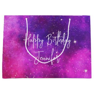 Sacola Para Presentes Grande Espaço Rosa e Roxo e Estrelas Galáxias Falsas Aniv