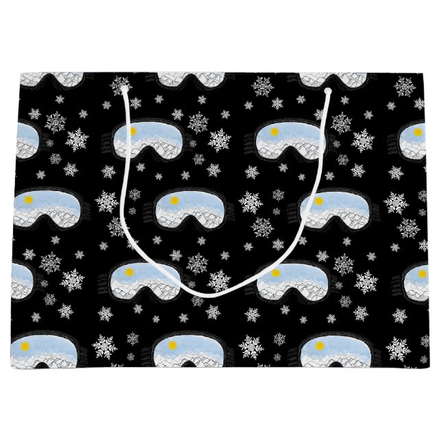 Sacola Para Presentes Grande Esqui Óculos Montanha Ver Flocos de Neve Preto (Frente)