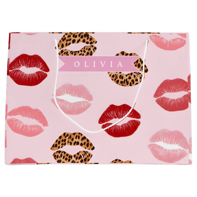 Sacola Para Presentes Grande Estampa de Leopardo Rosa Chic Personalizada no Láb (Frente)
