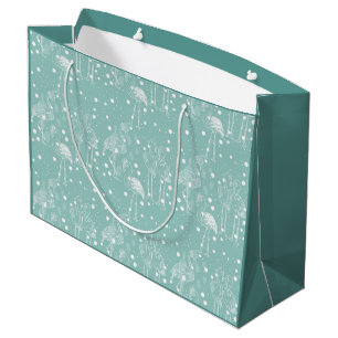 Sacola Para Presentes Grande Estilo escandinavo Flamingos Brancos no Teal Claro