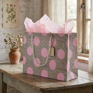 Sacola Para Presentes Grande Estilo Vintage Bolinhas Rosa em Burlap