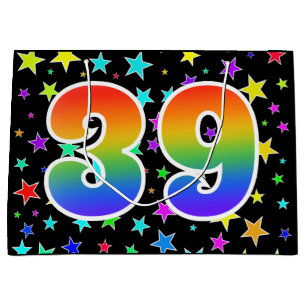 Sacola Para Presentes Grande Estrelas coloridas + padrão arco-íris "39" Evento