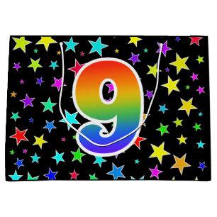 Sacola Para Presentes Grande Estrelas Coloridas + Padrão de Arco-íris "9" Event