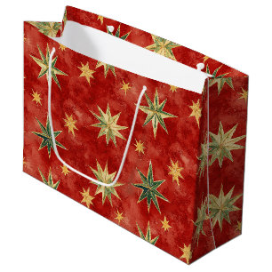 Sacola Para Presentes Grande Estrelas de Natal Vermelho Verde Dourado