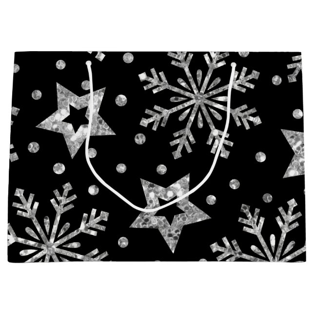 Sacola Para Presentes Grande Estrelas de relha de prata e flocos de neve (Frente)