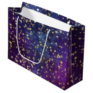 Sacola Para Presentes Grande Estrelas Douradas Celestiais em Fundo de Galáxia R