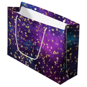 Sacola Para Presentes Grande Estrelas Douradas Celestiais em Fundo de Galáxia R