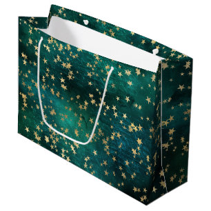 Sacola Para Presentes Grande Estrelas Douradas Celestiais em Fundo de Galáxia T