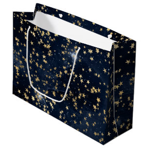 Sacola Para Presentes Grande Estrelas Douradas Celestiais em Fundo Galáctico Az