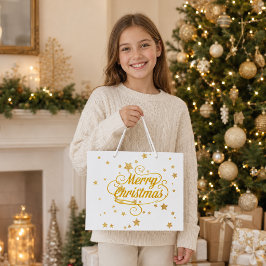 Sacola Para Presentes Grande Estrelas Elegantes de Natal em Dourado
