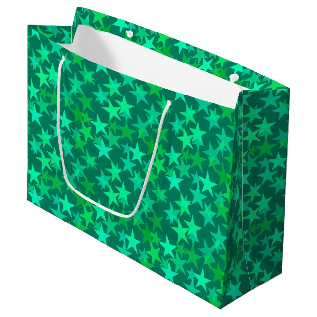 Sacola Para Presentes Grande Estrelas Geométricas Modernas, Emerald e Mint Gree (Frente inclinada)